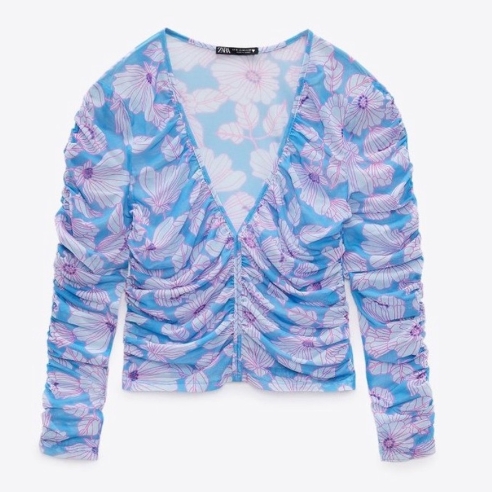 ZARA printed tulle long sleeve ruched top
